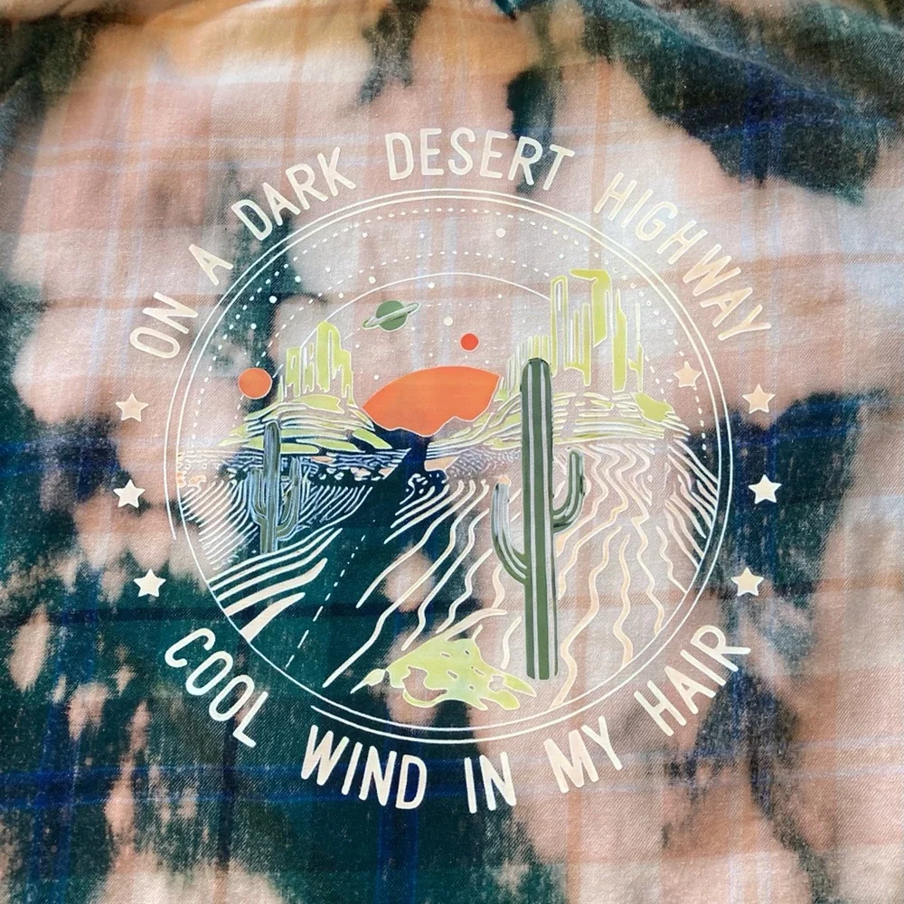 Custom Flannel Shirt XL Green Peach Desert Graphic Boho Festival - Picture 7 of 11